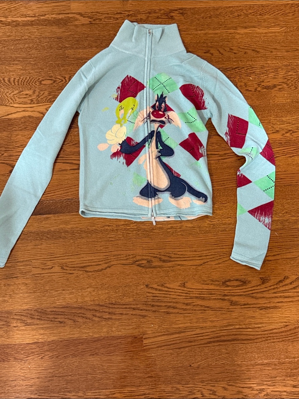 Vintage 100% cashmere Light Blue Zip-Up Sweater with Sylvester & Tweety Graphic